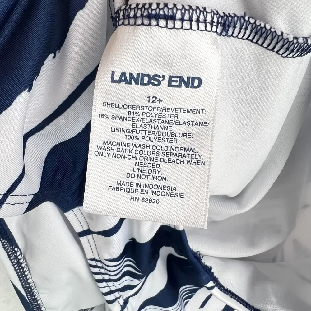 LANDS END Preppy Girls 1 Piece Navy Pink Palm Stripe Swim‎ Suit Size 12